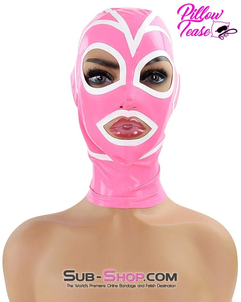 1468DL  Pink Latex Hood with White Lined Eye and Mouth Openings