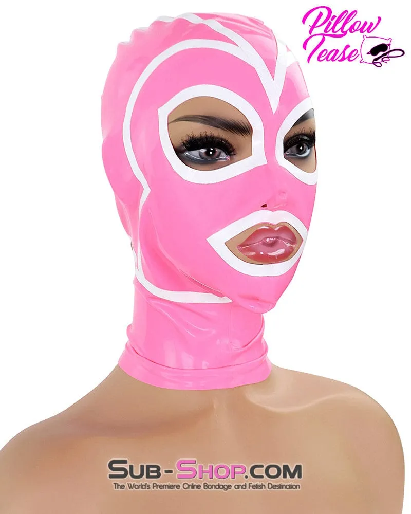 1468DL  Pink Latex Hood with White Lined Eye and Mouth Openings