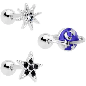 16 Gauge 1/4 Clear Black Gem Planet Stars Cartilage Tragus Set of 3