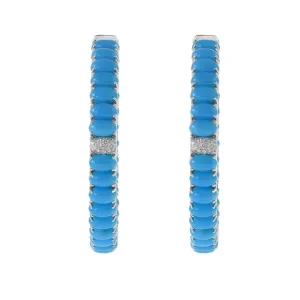 18KT White Gold Turquoise and Diamond Hoop Earrings