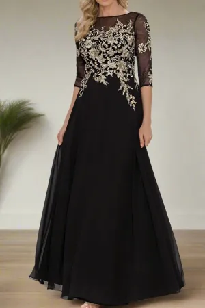 A-Line Black Scoop Neck Half Sleeves Appliques Mother Of The Bride Dresses