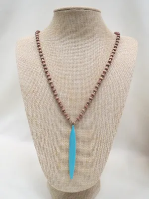 ADO | Turquoise Feather Pendant Wood Bead Necklace
