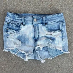 AEO Hi Rise Shortie Crochet Pocket Frayed Jean Shorts 360 Super Stretch Size 4