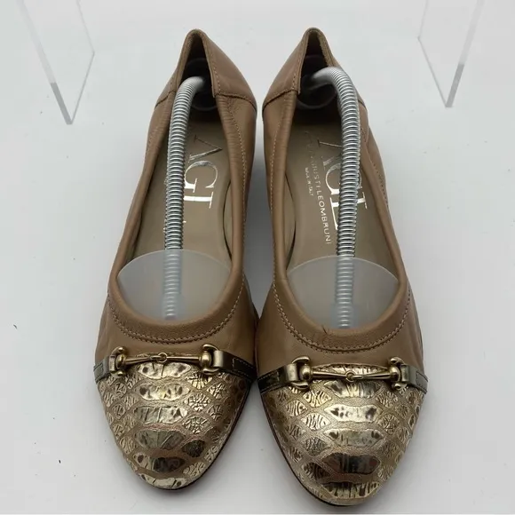 AGL Italy Women Size 38 (US 8) Beige Leather Ballet Chunky Block Heels Flats