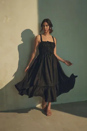Amara Ruched Midi Linen Dress in Noir Black