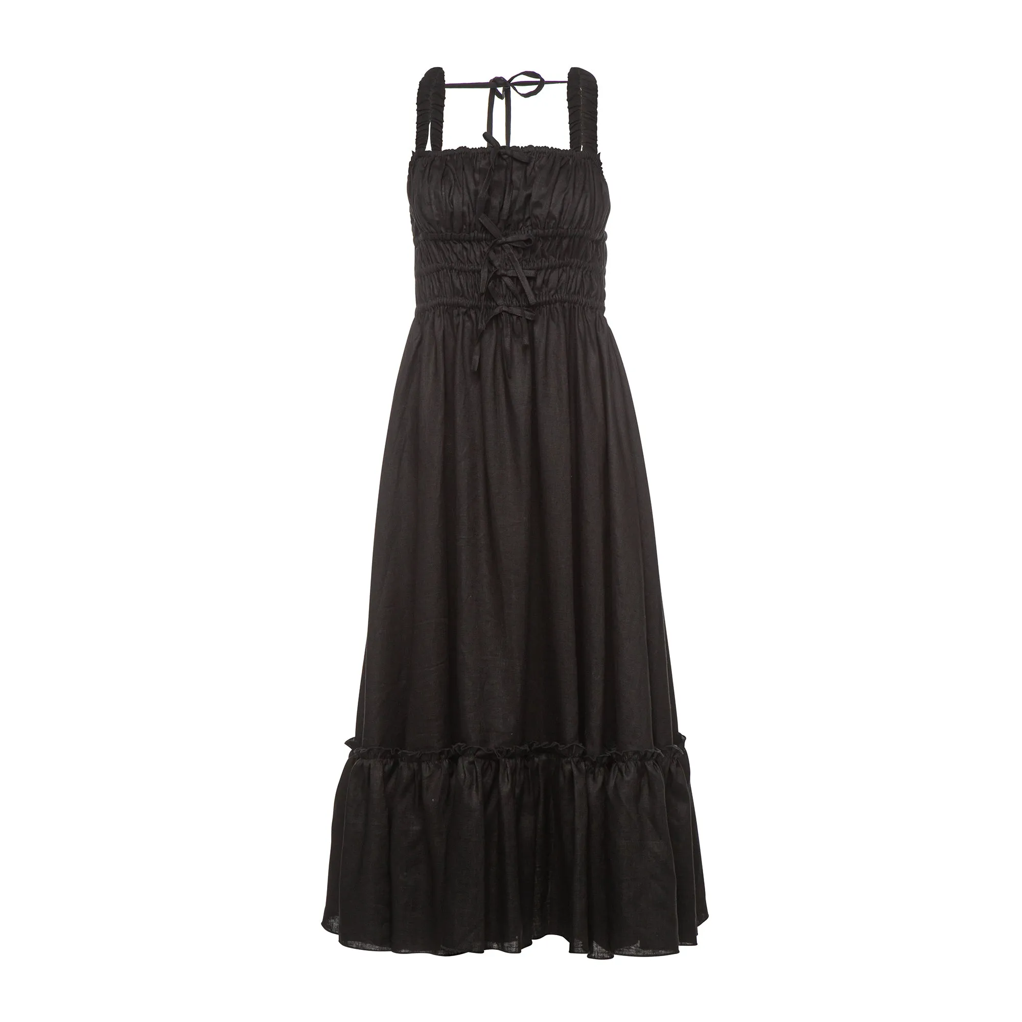 Amara Ruched Midi Linen Dress in Noir Black