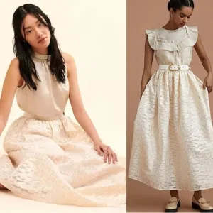 Anthropologie Pankaj &amp; Nidhi Burnout gold cream Metallic Maxi full Skirt Small