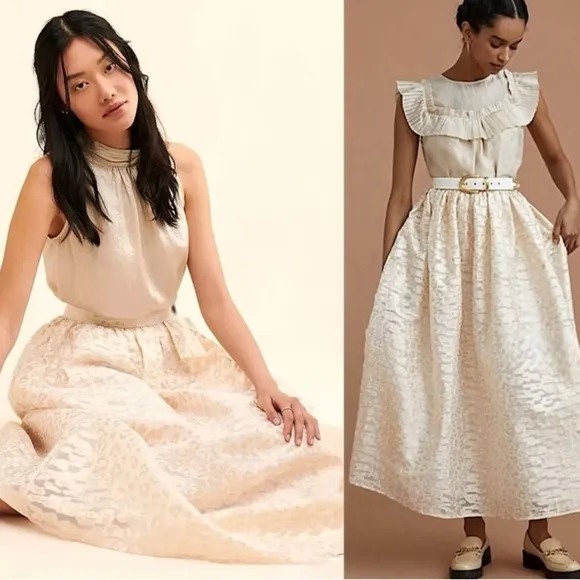 Anthropologie Pankaj &amp; Nidhi Burnout gold cream Metallic Maxi full Skirt Small