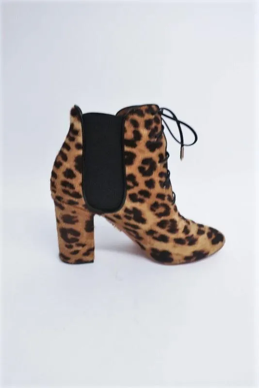 Aquazzura Ankle Boots Victoria Leopard Print Calf Hair Size 37 Lace-Up Booties