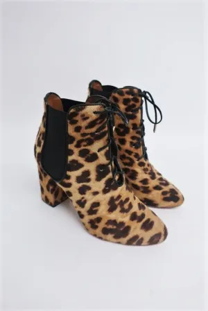 Aquazzura Ankle Boots Victoria Leopard Print Calf Hair Size 37 Lace-Up Booties