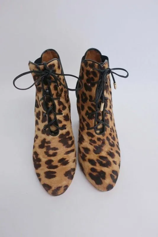 Aquazzura Ankle Boots Victoria Leopard Print Calf Hair Size 37 Lace-Up Booties