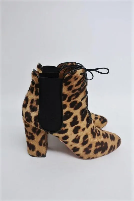 Aquazzura Ankle Boots Victoria Leopard Print Calf Hair Size 37 Lace-Up Booties
