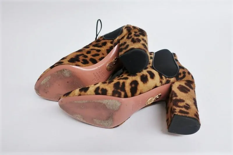 Aquazzura Ankle Boots Victoria Leopard Print Calf Hair Size 37 Lace-Up Booties