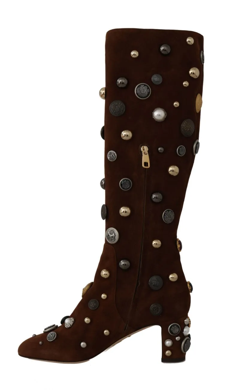 Brown Suede Crystal Button Boots