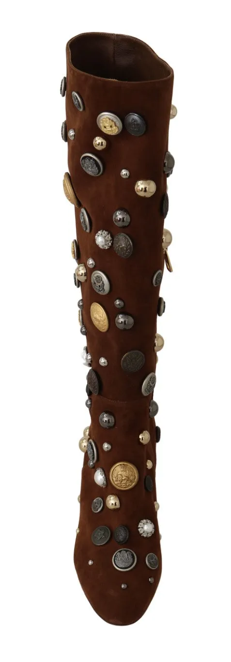 Brown Suede Crystal Button Boots