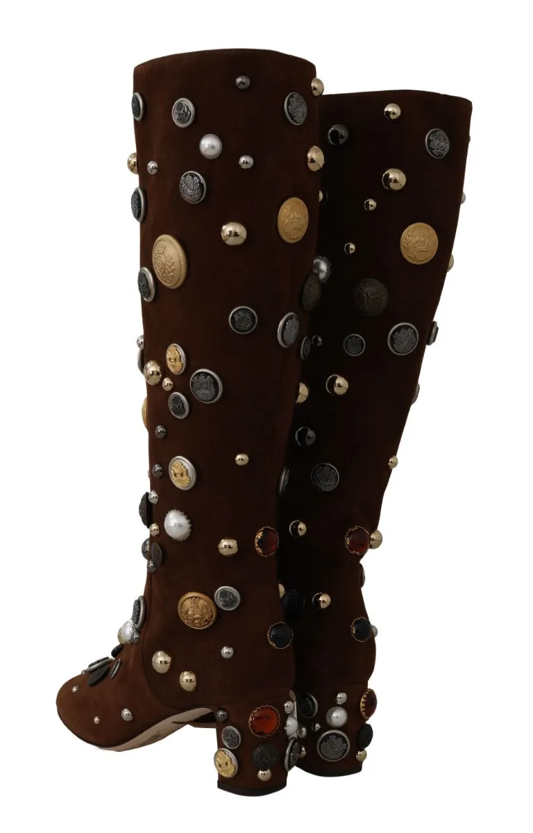Brown Suede Crystal Button Boots