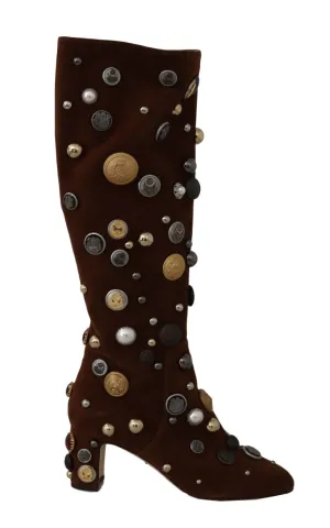 Brown Suede Crystal Button Boots