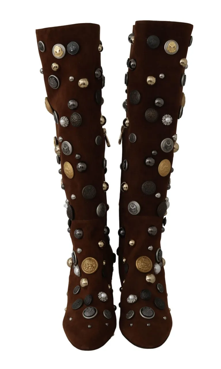 Brown Suede Crystal Button Boots