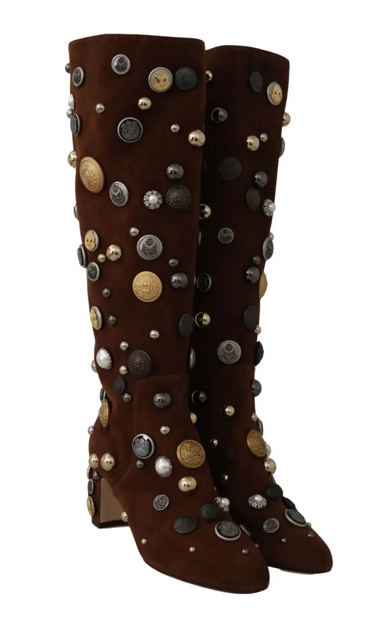 Brown Suede Crystal Button Boots