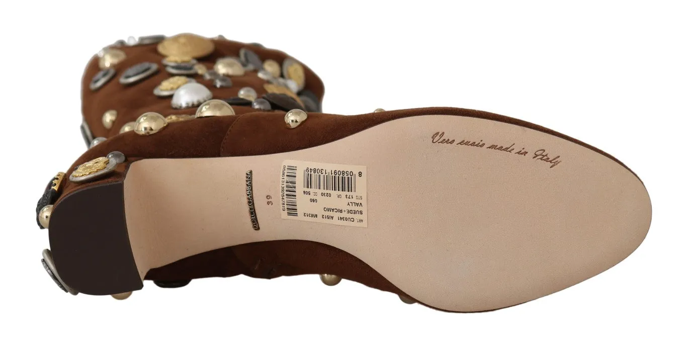 Brown Suede Crystal Button Boots