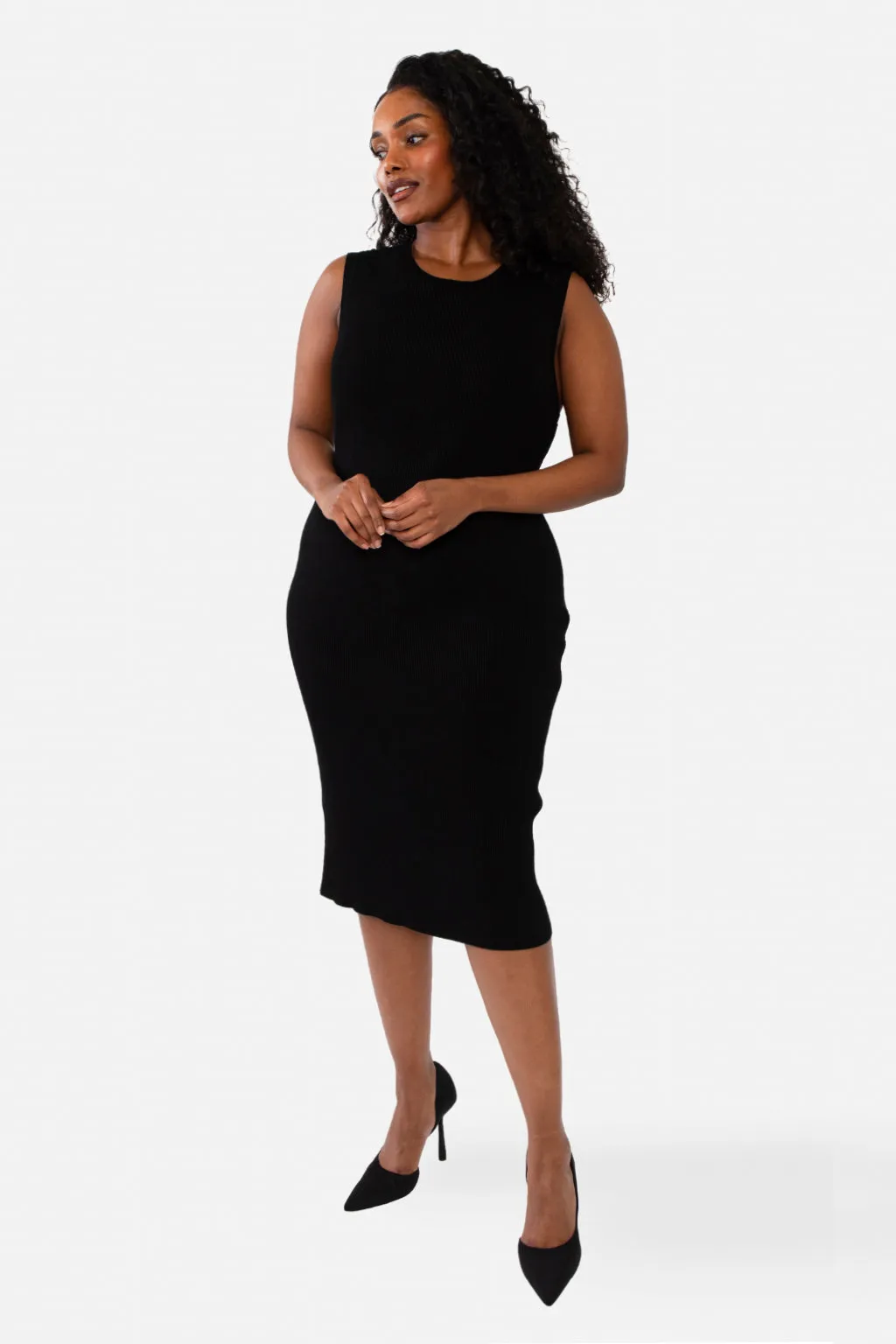 CAITLIN SLEEVELESS RIB DRESS - BLACK