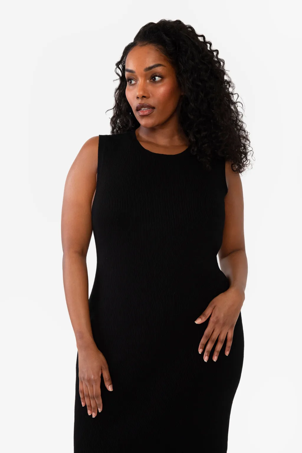 CAITLIN SLEEVELESS RIB DRESS - BLACK
