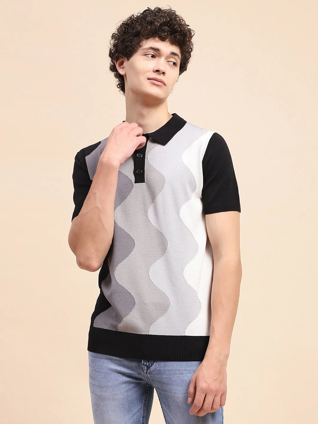 Camla Barcelona Colour Blocked Grey Polo Neck T-Shirt