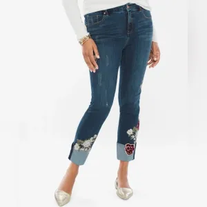 Chico's So Slimming Diamond Fit Girlfriend Ankle Jeans With Rose Embroidery 14