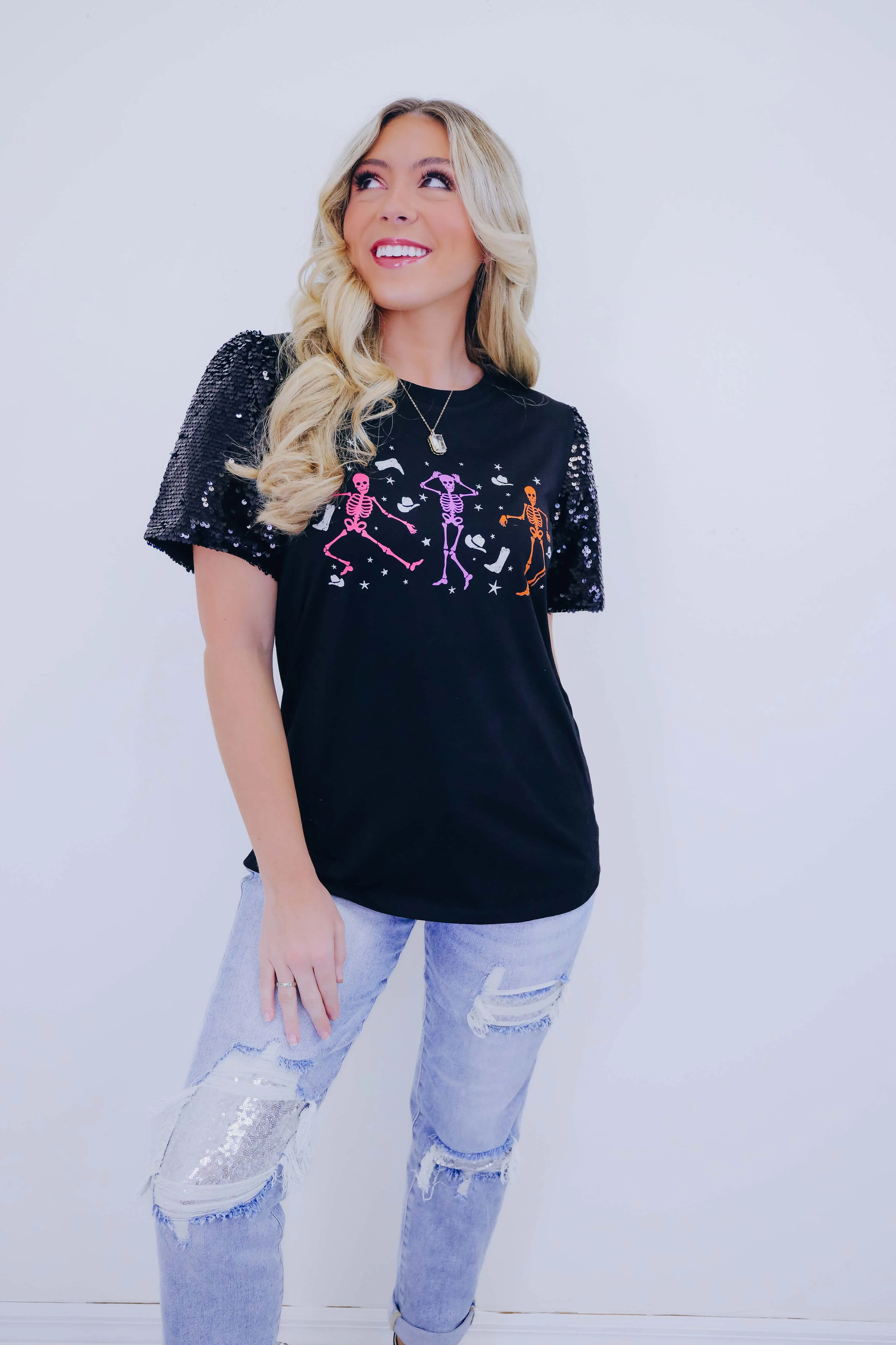 Cowgirl Skeleton Sequin Sleeve Graphic Top