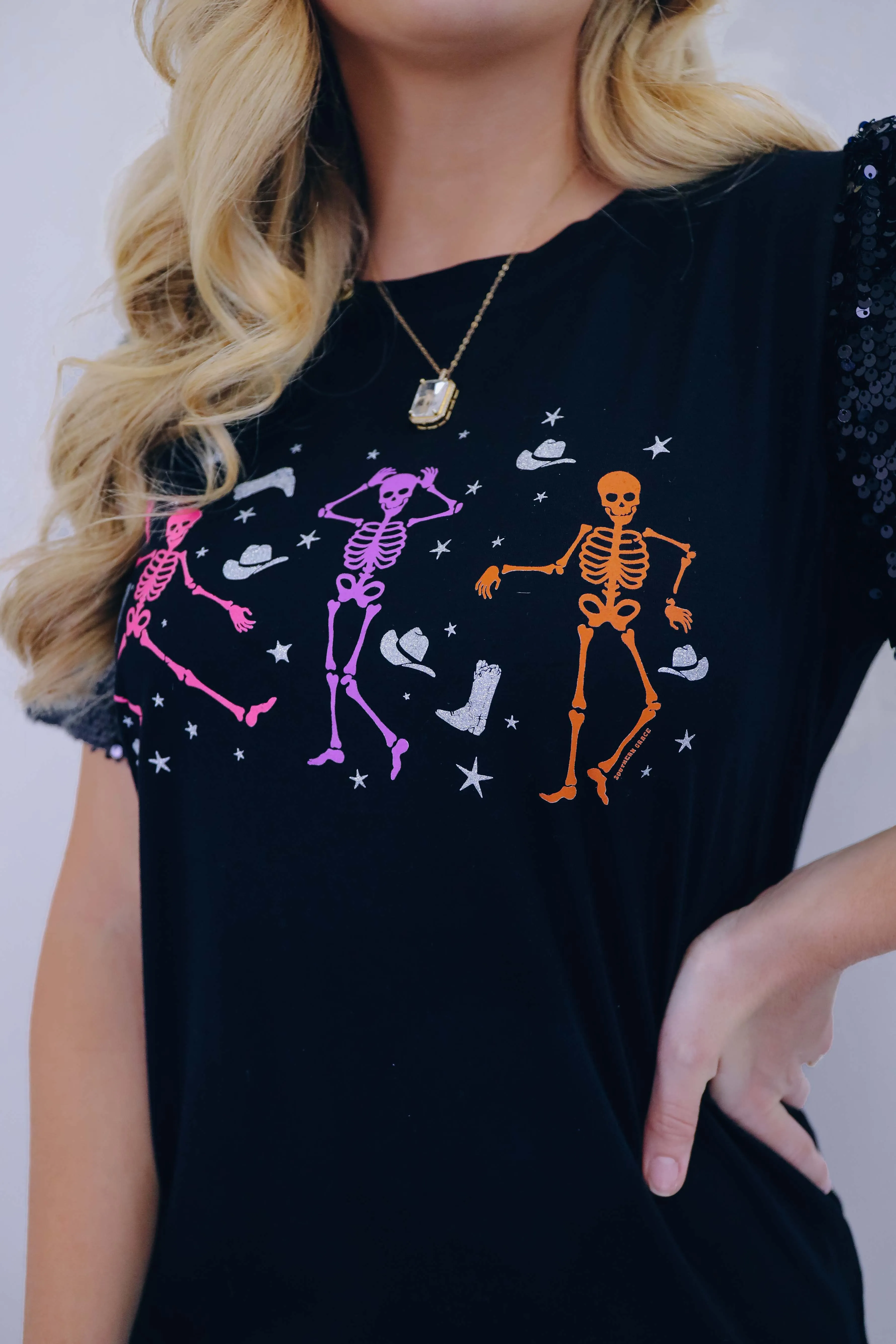 Cowgirl Skeleton Sequin Sleeve Graphic Top