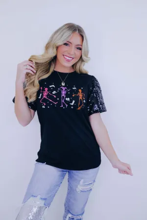 Cowgirl Skeleton Sequin Sleeve Graphic Top