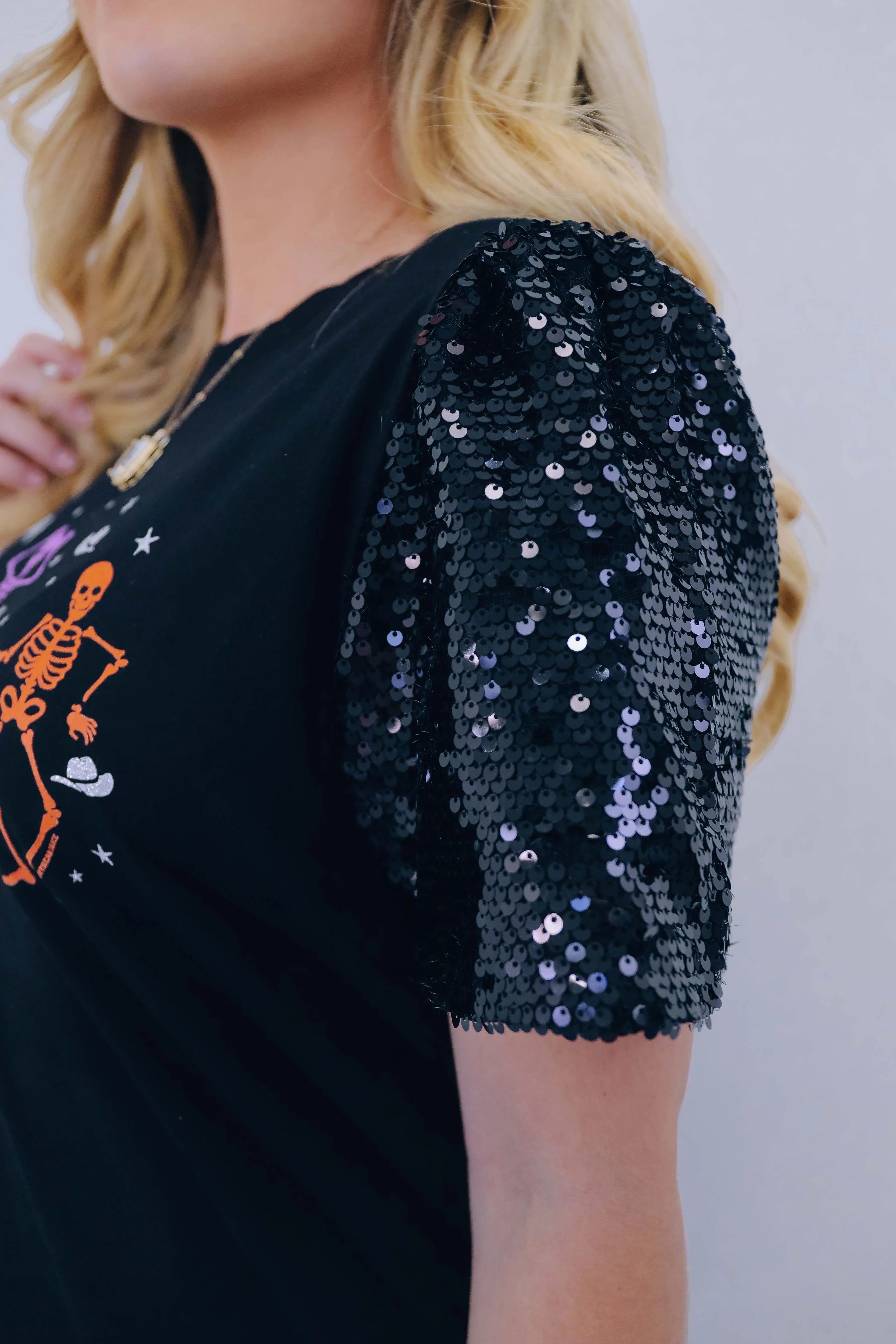 Cowgirl Skeleton Sequin Sleeve Graphic Top