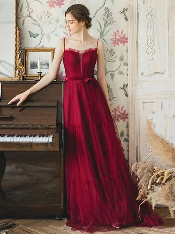 Elegant Burgundy Tulle Long Prom, Unique Burgundy Formal Graduation Evening