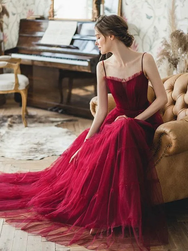 Elegant Burgundy Tulle Long Prom, Unique Burgundy Formal Graduation Evening