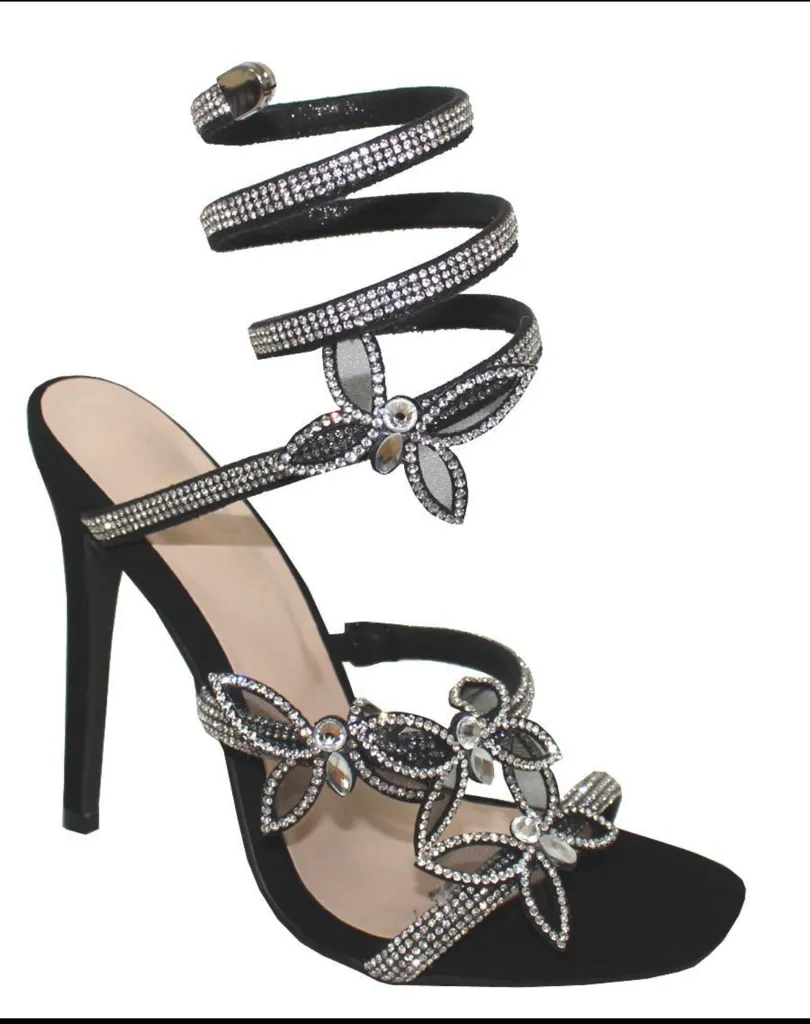 Elegant Wrap-Around Ankle Heel with Gemstone & Butterfly Accents