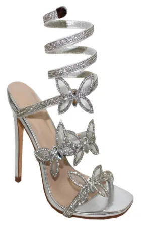 Elegant Wrap-Around Ankle Heel with Gemstone & Butterfly Accents