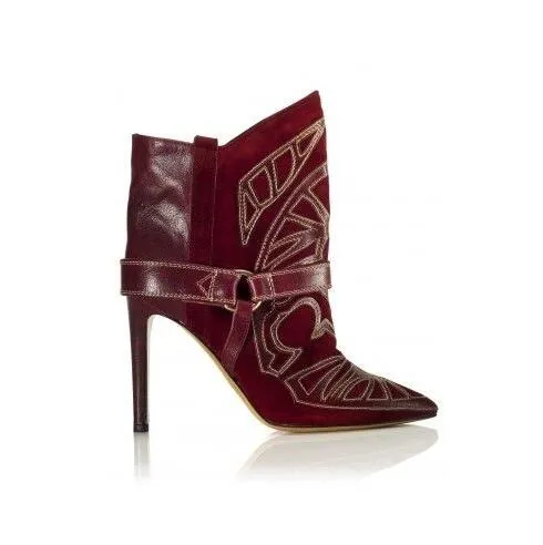 Embroidery Suede Leather Pointed Toe Ankle Boots Stiletto Strappy Lady Short Boots Fashion Lady High Heels Studded Boots Shoes