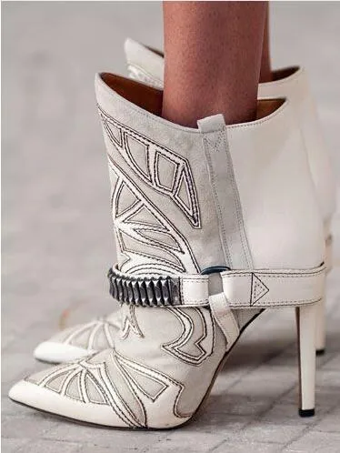 Embroidery Suede Leather Pointed Toe Ankle Boots Stiletto Strappy Lady Short Boots Fashion Lady High Heels Studded Boots Shoes