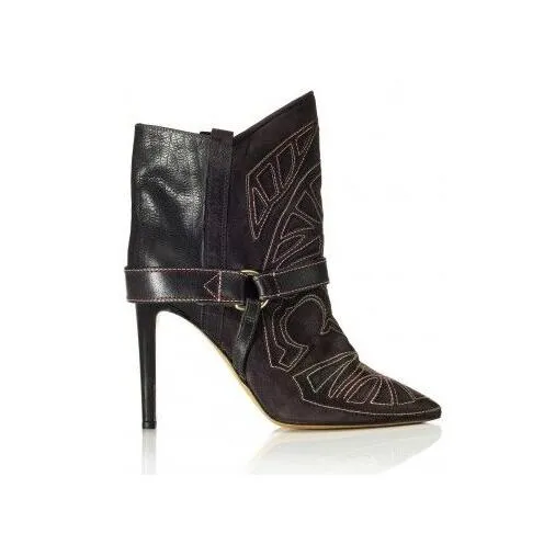 Embroidery Suede Leather Pointed Toe Ankle Boots Stiletto Strappy Lady Short Boots Fashion Lady High Heels Studded Boots Shoes