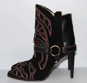 Embroidery Suede Leather Pointed Toe Ankle Boots Stiletto Strappy Lady Short Boots Fashion Lady High Heels Studded Boots Shoes