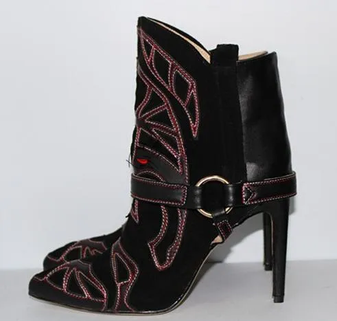 Embroidery Suede Leather Pointed Toe Ankle Boots Stiletto Strappy Lady Short Boots Fashion Lady High Heels Studded Boots Shoes