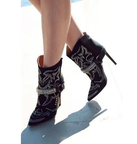 Embroidery Suede Leather Pointed Toe Ankle Boots Stiletto Strappy Lady Short Boots Fashion Lady High Heels Studded Boots Shoes