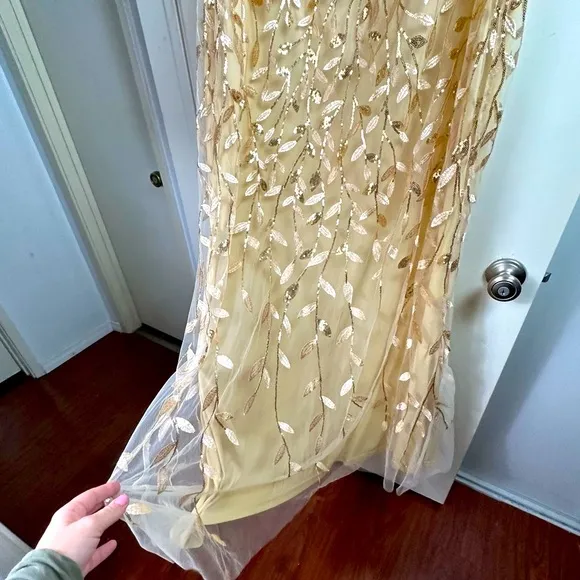 Ever Pretty Gold Shimmery Leaf Embroidered VNeck RuffleSleeves Maxi Dress NWT 2X