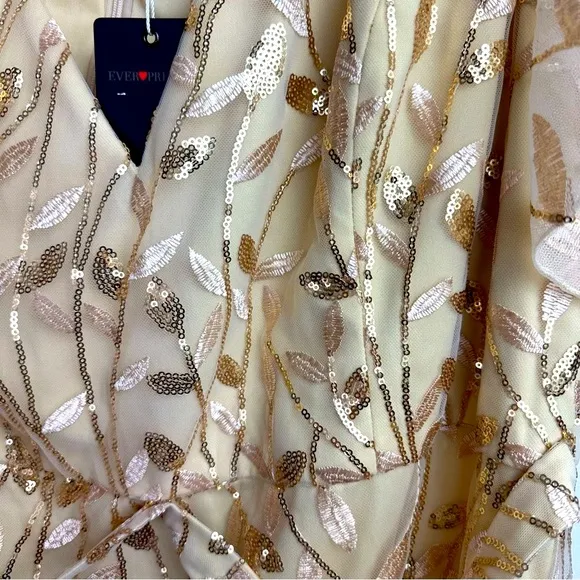 Ever Pretty Gold Shimmery Leaf Embroidered VNeck RuffleSleeves Maxi Dress NWT 2X