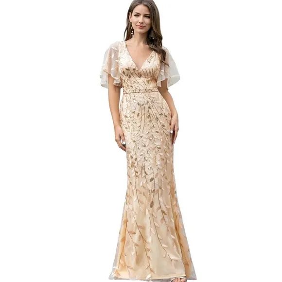 Ever Pretty Gold Shimmery Leaf Embroidered VNeck RuffleSleeves Maxi Dress NWT 2X