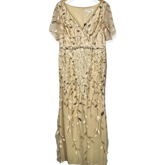 Ever Pretty Gold Shimmery Leaf Embroidered VNeck RuffleSleeves Maxi Dress NWT 2X