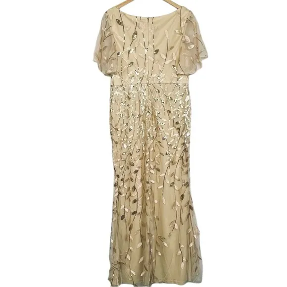 Ever Pretty Gold Shimmery Leaf Embroidered VNeck RuffleSleeves Maxi Dress NWT 2X