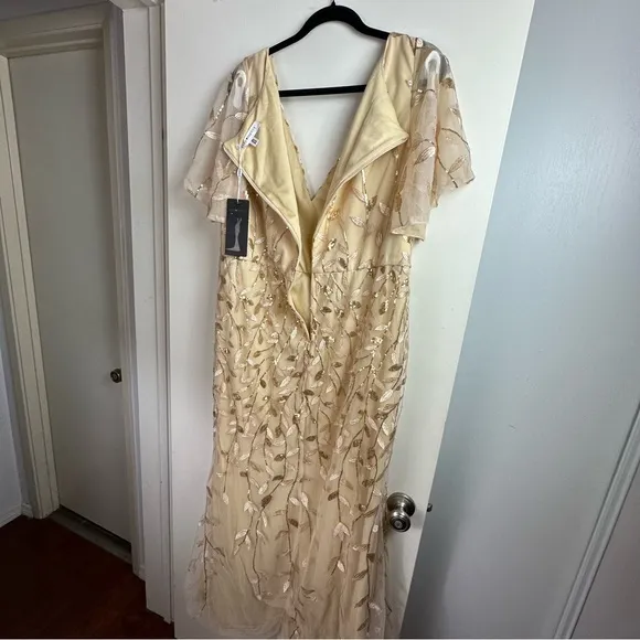 Ever Pretty Gold Shimmery Leaf Embroidered VNeck RuffleSleeves Maxi Dress NWT 2X