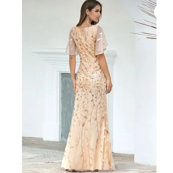 Ever Pretty Gold Shimmery Leaf Embroidered VNeck RuffleSleeves Maxi Dress NWT 2X