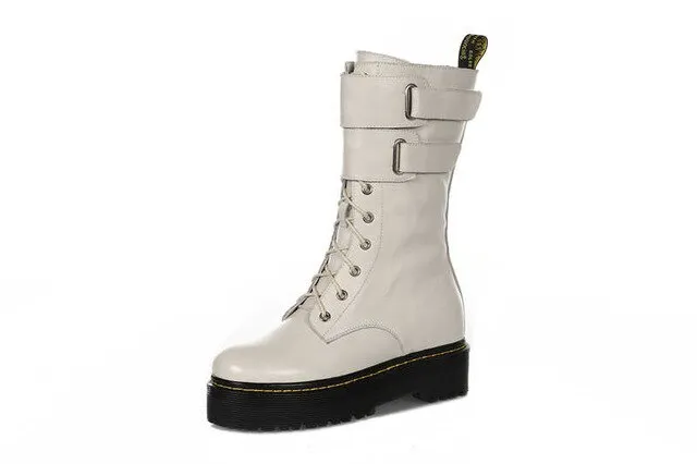 fashion new mid calf boots women round toe genuine leather boots cross tied ladies autumn winter flat platform boots